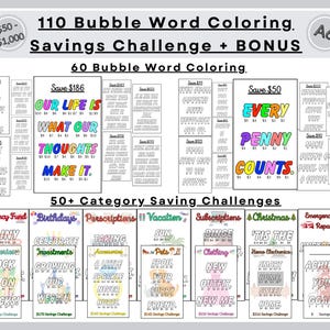Puede incluir: Un conjunto imprimible de 110 páginas para colorear de palabras en burbujas para un desafío de ahorro. Las páginas están divididas en categorías como fondo de emergencia, cumpleaños, recetas, vacaciones, suscripciones, Navidad y reparación de automóviles de emergencia. Cada página tiene un objetivo de ahorro diferente y una frase motivadora.