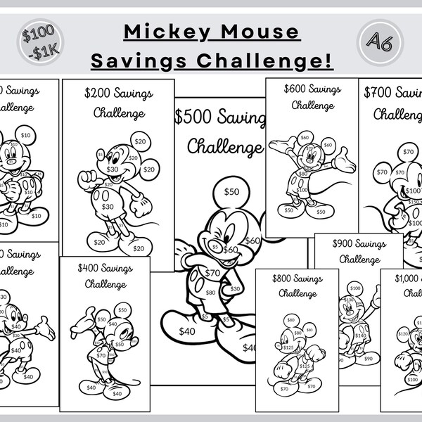 Mickey Savings Challenge, Money Saving Challenge A6, Coloring Savings, Save 1000, Savings Challenge Bundle, Mini Savings, Save 500, Save 100