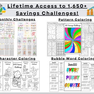1,650+ Savings Challenges, Access To All Listings, Coloring Savings, Monthly Savings, Save 1000, Save 500, Save 100, A4, A5, A6, US Letter