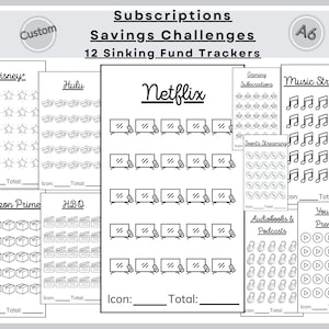 May include: A collection of black and white subscription savings challenge trackers. Each tracker features a different streaming service, including Netflix, Disney+, and Hulu. The trackers are designed to help users save money.