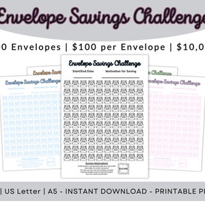 10000 Savings Challenge, Saving Planner, Saving Tracker, 100 Envelope Savings, Save Cash, Save Money, 3 sizes: A4, US Letter, A5 - 10 colors