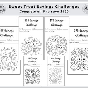 May include: Black and white printable savings challenges with sweet treat illustrations. The challenges include amounts from $50 to $100, with a goal to save $450. Each challenge has space to record start and end dates.