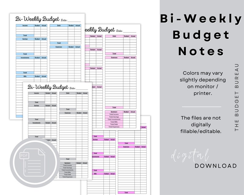 Bi-weekly Budget Printable PDF Template in 3 Sizes and 10 Colors - Etsy