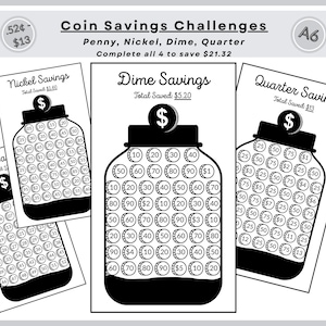 Könnte beinhalten: Ein Set aus vier schwarz-weißen, druckbaren Münz-Spar-Herausforderungsblättern mit den Titeln Penny, Nickel, Dime und Quarter Savings. Jedes Blatt zeigt eine Glasillustration, die mit Kreisen gefüllt ist, welche Münzbeträge darstellen.
