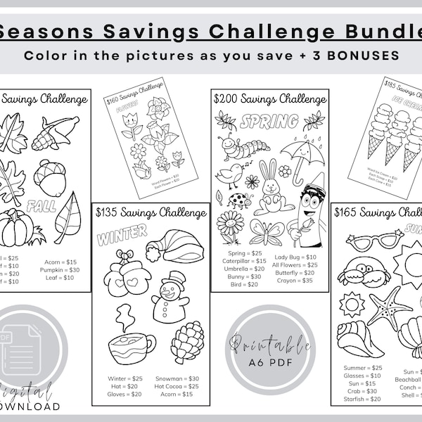 Seasons Savings Challenge PDFs, Fall, Winter, Spring, Summer, Coloring Savings, A6 Mini Savings Challenge Bundle, Saving Binder, Save 200