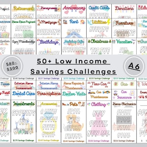 May include: A colorful chart with 50+ savings challenges for low-income individuals. The chart is divided into 36 squares, each with a different savings goal, such as "Retirement", "Home Insurance", "New Car", and "Emergency Fund". The chart also includes a title that reads "50+ Low Income Savings Challenges".