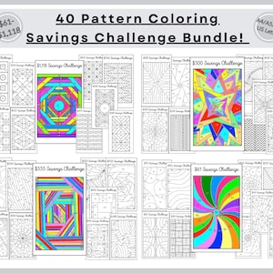 May include: A set of 40 printable coloring pages featuring geometric patterns. Each page has a different design and is labeled with a savings goal amount, such as $100, $300, $535, and $61. The pages are designed to help people track their savings progress.