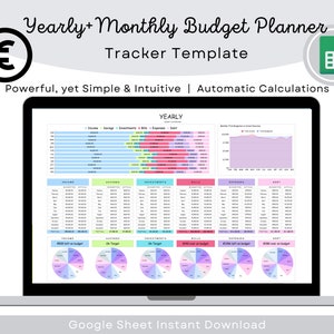Monthly Budget Spreadsheet for Google Sheets, Budget Template, Budget Sheet, Yearly Budget, Financial Tracker, Personal Finance Planner,Euro