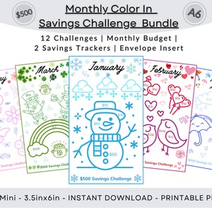 May include: A set of printable A6 size monthly savings challenge sheets. Each sheet features a different theme and color scheme, including a snowman, a rainbow, a heart, and an umbrella. The sheets are designed to help you save money by coloring in the different amounts as you reach your savings goals. The text on the image reads "Monthly Color In Savings Challenge Bundle 12 Challenges | Monthly Budget | 2 Savings Trackers | Envelope Insert A6 Mini - 3.5inx6in - INSTANT DOWNLOAD - PRINTABLE PDFs".