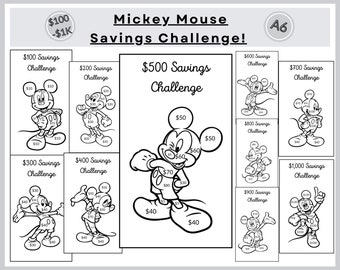 May include: Black and white printable worksheet featuring Mickey Mouse. The worksheet is a savings challenge with different amounts of money to save, from £100 to £1,000. Each amount has a corresponding Mickey Mouse image with different amounts of money to colour in.
