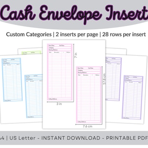 Inserti per buste in contanti, Inserti per imbottitura in contanti, Inserti per budget, 2 dimensioni, A4, Lettera USA, Ciascuno in 10 colori, Download digitale Cash Tracker