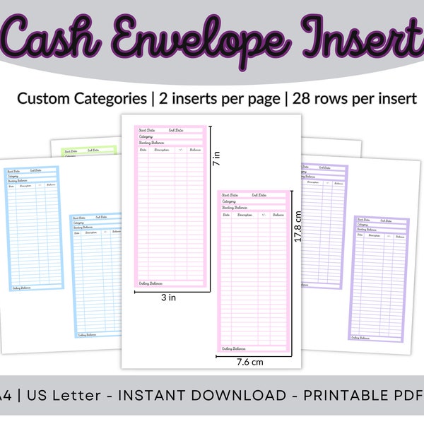 Cash Envelope Inserts, Cash Stuffing Inserts, Budgeting Inserts, 2 sizes, A4, US Letter, Each in 10 colors, Cash Tracker Digital Download