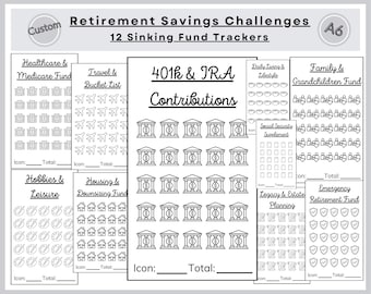 Op de afbeelding: Een set van 12 sinking fund trackers met titels als "Retirement Savings Challenges" en "401k & IRA Contributions". Elke tracker heeft pictogrammen en ruimte voor totalen. Het ontwerp is zwart-wit.