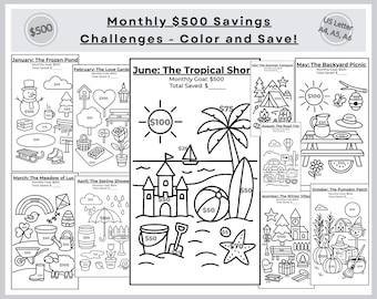 Monthly Savings Challenge Scenes | 500 Dollars | Coloring Saving (Digital Download)