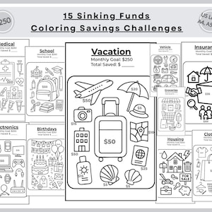 15 Desafios de Poupança para Fundos de Reserva | Colorindo as Poupanças | 250 Dólares (A4, A5, A6, Carta Americana)