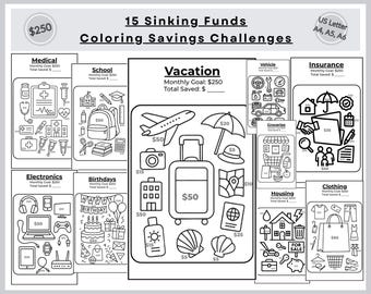 15 Sinking Funds Saving Challenges | Coloring Savings | 250 Dollars (A4, A5, A6, US Letter)