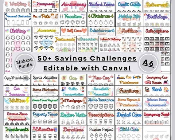 Family Budgeting 50+ Sinking Funds Trackers | A6 Savings Challenges - Edit with Canva! (Digital Download)