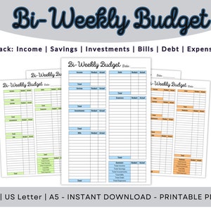 Bi-Weekly Budget Printable, Bi-Weekly Budget Planner, PDF Template, Budget Digital Download, 3 sizes, A4, US Letter, A5, each in 10 colors