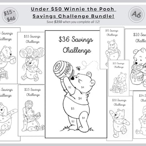 Puede incluir: Un paquete de desafíos de ahorro de Winnie the Pooh en blanco y negro. El paquete incluye 12 desafíos de ahorro con ilustraciones de Winnie the Pooh. El texto de la imagen dice "¡Menos de 50 € Winnie the Pooh Savings Challenge Bundle!"