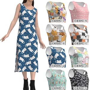 Cute Adorable Cats Cartoon Illustration Pattern Animal Print Feline Pet Lover Owner Women Sleeveless Midi Mid-Calf Long Dress Custom Print