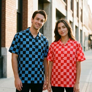 Check Checker Pattern Hawaiian Shirt Black Red Gray Blue Yellow Orange Green Retro Men Women Button Short Sleeve Clothing