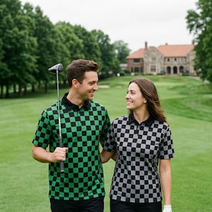 May include: Two people wearing matching checkered polo shirts on a golf course. One shirt is green and black, the other is gray and black. The shirts have black collars and short sleeves. The person on the left is holding a golf club.