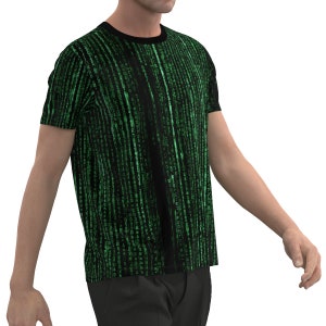 May include: A black t-shirt featuring a green digital code pattern. The code resembles that seen in the Matrix film.