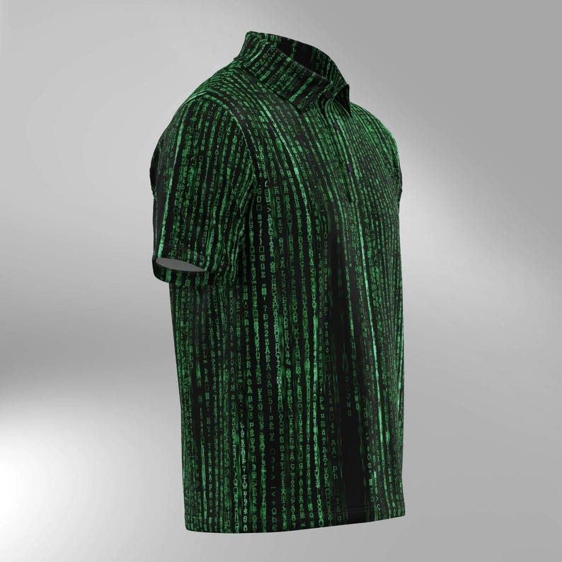 May include: A black polo shirt with a green digital rain pattern. The short-sleeved shirt has a collared neckline and a buttoned placket. The design features vertical lines of green characters against a black background, creating a tech-inspired aesthetic.