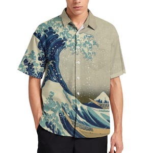 Hokusai Great Wave off Kanagawa Painting Japanese Fine Art Japan Culture Men Women Button Up Down Shirt Pocket Short Sleeve Custom Print