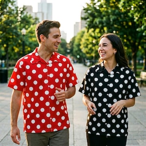 Puede incluir: Dos camisas de manga corta con lunares blancos. Una es roja, la otra negra. Las camisas son usadas por dos personas caminando al aire libre. Las camisas son parte de un conjunto a juego. Diseño clásico con botones.