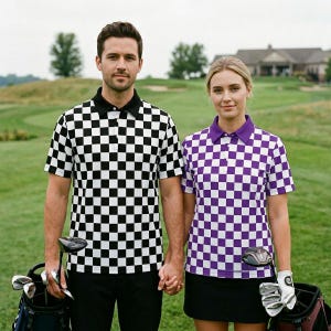 May include: A man and a woman stand side-by-side on a golf course, each wearing a checkered polo shirt. The man's shirt is black and white, while the woman's is purple and white. Both hold golf clubs and bags.