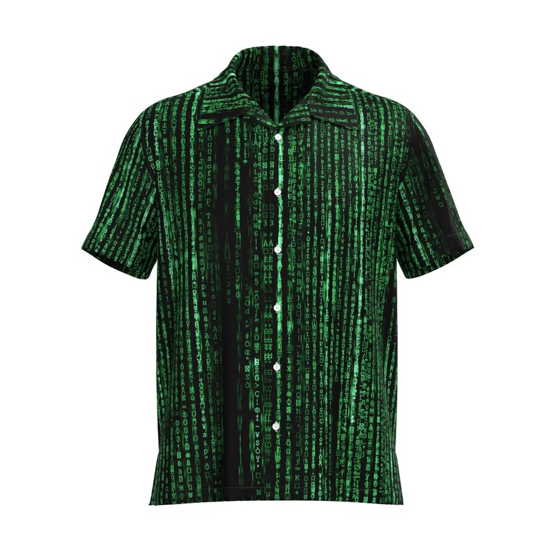 May include: A black and green short-sleeved button-down shirt with a repeating pattern of green code on a black background.