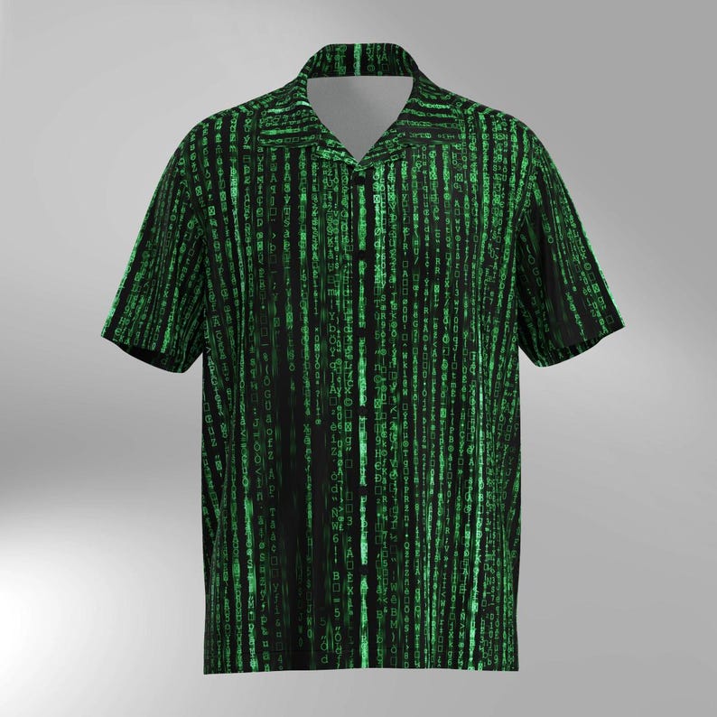 May include: Black button-down short-sleeve shirt with a green digital rain pattern. The shirt has a classic collar and a button-up front. The design features vertical lines of green characters on a black background.