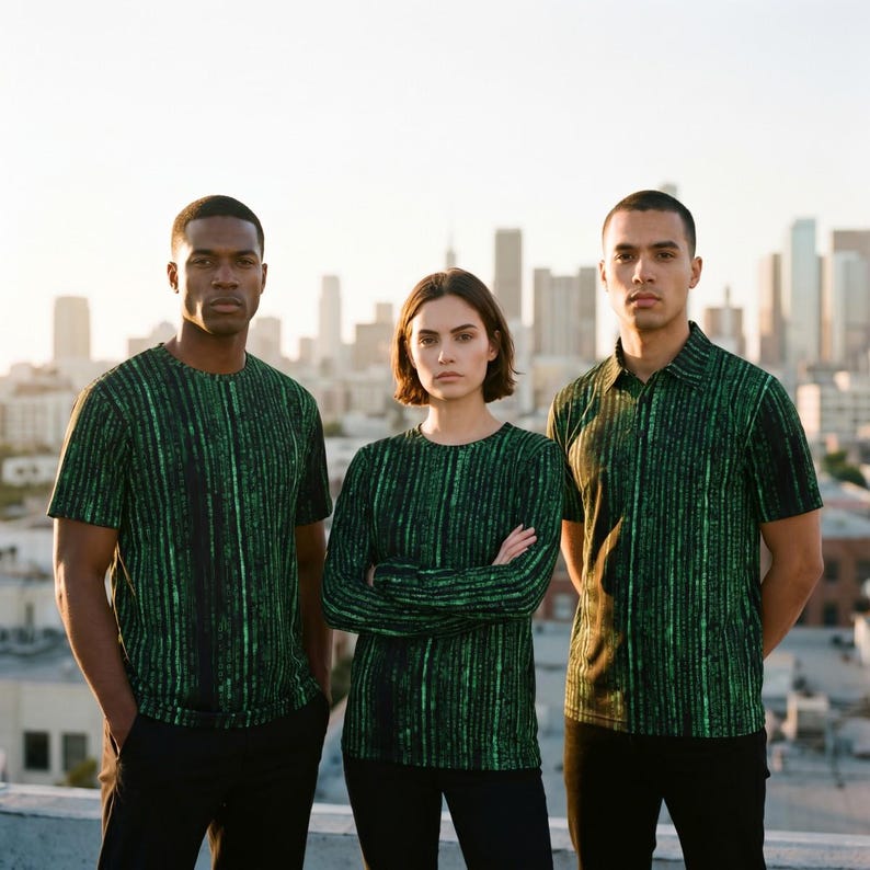May include: Three people are seen wearing green and black striped tops and black trousers, posing against a city backdrop. The tops feature a vertical stripe design. One wears a short-sleeved tee, another a long-sleeved top, and the third a polo shirt.