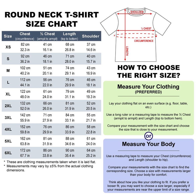 May include: A round neck t-shirt size chart with chest, &frac12; chest, length, and shoulder measurements in centimetres and inches. Includes instructions on how to measure clothing or body for the right size. The chart provides sizes from XS to 6XL.