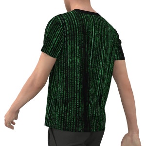 May include: A black t-shirt with a green matrix code pattern.