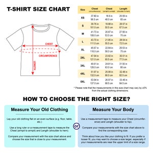 May include: T-shirt size chart with a diagram of a t-shirt showing how to measure chest and length. The chart includes measurements in inches and centimetres for sizes XS to 5XL.