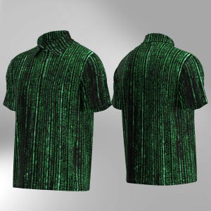 May include: A short-sleeved collared shirt featuring a vertical green and black digital rain design. The shirt has a button-up collar and a classic fit. The pattern covers the entire shirt, front and back, creating a distinctive visual effect.