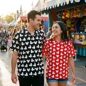 May include: A couple wearing matching button-down shirts with a repeating white Mickey Mouse head pattern. One shirt is black, the other is red. They are walking in a theme park.