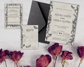 Dark Romance Wedding Invitation Set, Moody Gothic Templates, Editable Canva Bundle