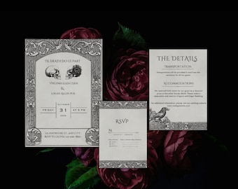 Diseño elegante de invitación de boda con romance oscuro: conjunto de plantillas góticas de Halloween con Canva Edit
