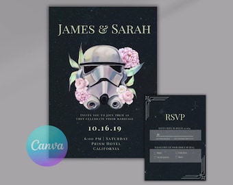 May include: A wedding invitation with a dark blue background and a white Stormtrooper helmet with pink flowers. The text on the invitation reads "James & Sarah" and "Invite you to join them as they celebrate their marriage 10.16.19 6:00 PM | Saturday Prism Hotel California".
