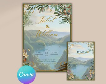 Botanical Wedding Invitation Template, Fairytale Theme (Canva Editable, PDF)