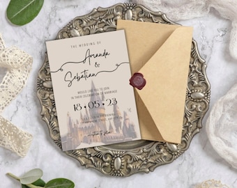 May include: Wedding invitation featuring the names "Amanda & Sebastian" with the date "18.05.23". The invitation is on a cream-colored card with a castle illustration, accompanied by a brown envelope sealed with a burgundy wax stamp.