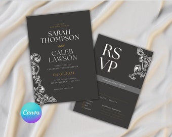 Paquete de invitaciones de boda góticas, romance oscuro, edición con Canva (descargas digitales)