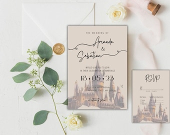 May include: A wedding invitation with a watercolor illustration of a castle. The invitation is for Amanda and Sebastian and is set for May 18, 2023. The text reads "The Wedding of Amanda & Sebastian. Would like you to join in their celebration of marriage. 18.05.23. 5:00 Clock in the Evening. 123 Anywhere Street, Any City. Reception to follow."