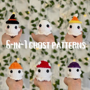 Pode incluir: Seis padrões de fantasmas de crochê com diferentes chapéus. Os fantasmas são brancos com olhos pretos e um chapéu vermelho, laranja, amarelo, roxo ou branco. O texto "6-IN-1 GHOST PATTERNS" está na parte inferior da imagem.