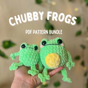 May include: A PDF pattern bundle for crocheting two plush frog toys. The larger frog is green with a yellow belly and the smaller frog is green. Both frogs have black eyes and pink cheeks.