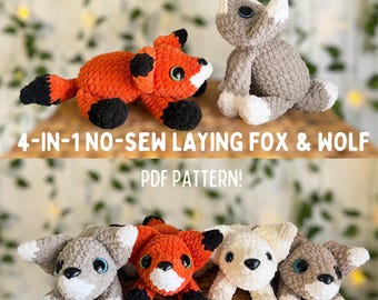 Patrón PDF de amigurumi de ganchillo 4 en 1 de zorro y lobo sin costura