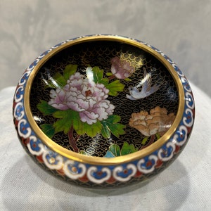 Beautiful Vintage Chinese Cloisonne Bowl with Hand Carved Wood Stand